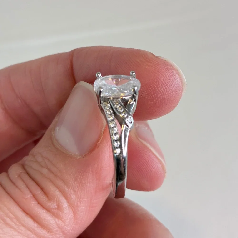 Vintage Ring Oval Cut Clear Stone Pavé Split Shank Silver Tone Size 10
